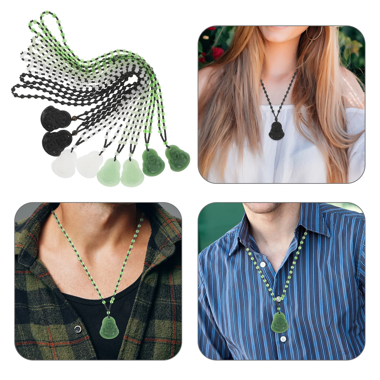 

8pcs Ethnic Style Sweater Chain Necklace For Men Buddha Beads Imitation Jade Long Beaded Necklaces Women Vintage Pendant