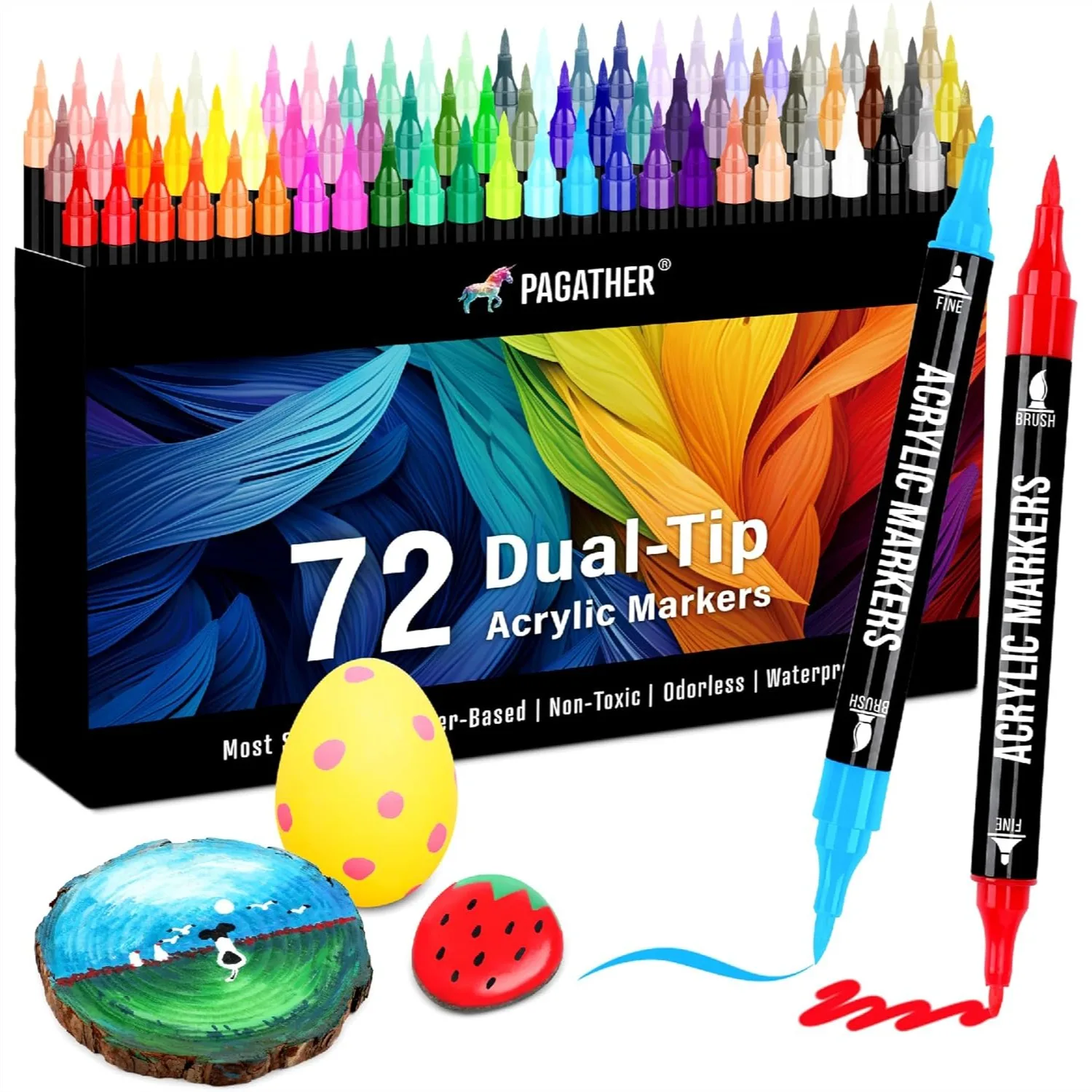 

72 Colors Acrylic Paint Markers, Dual Tip Fine and Brush Pens for Rock Painting, Canvas, Wood, Ceramic, Glass, DIY Crafts