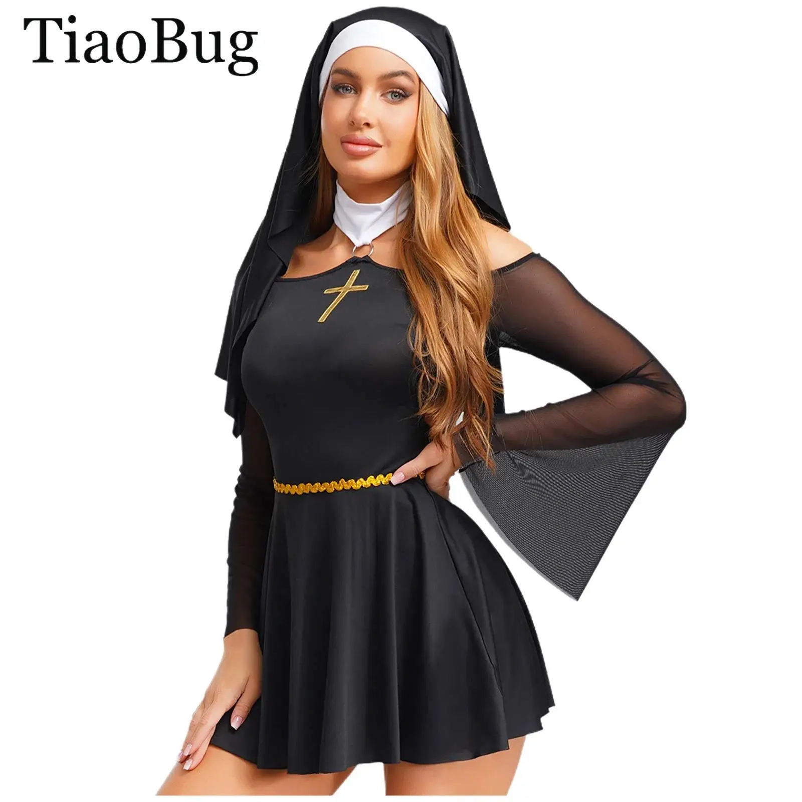 

Women Nun Cosplay Costume Halloween Fancy Sister Dress Off Shoulder Mesh Culottes Mini Dress with Headscarf Festival Clubwear