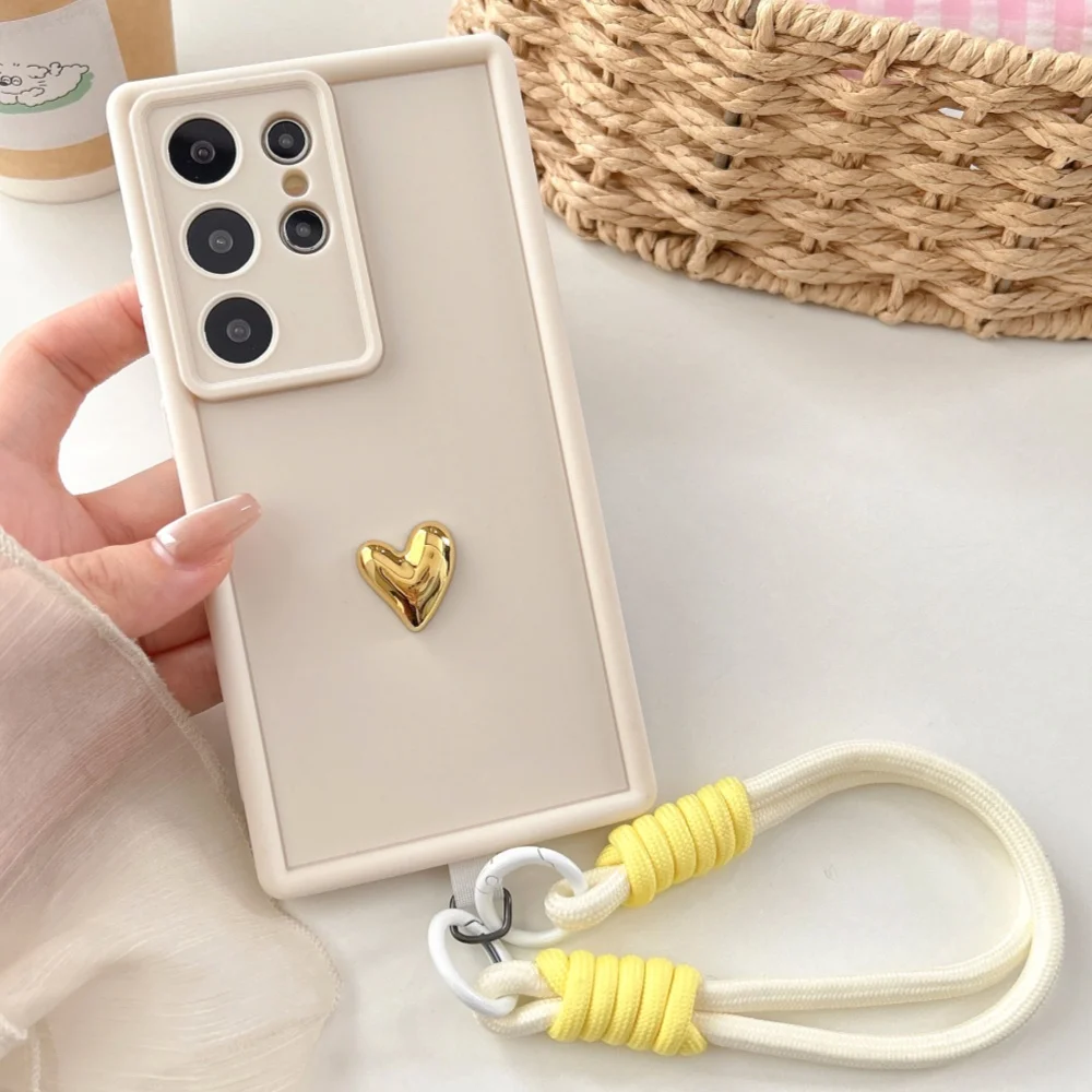 

3D Love Heart Lanyard Case for Samsung S24 S21 S22 S23 Plus Ultra FE Wrist Chain Hang Strap Shockproof Soft Silicone Cover