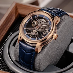 OBLVLO Luxury Rose gold Blue Leather Strap Mens Hollow-out Automatic Watches Transparent Mechanical Watch Orologio da UomoKM-S