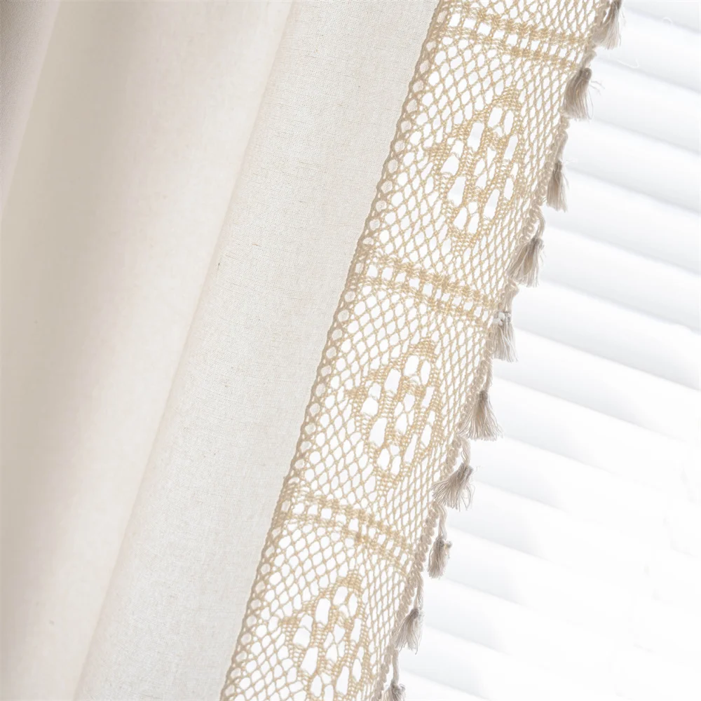 Cortinas semi-opacas de linho Clochef-Boho, bolso de haste, creme de fazenda, serapilheira de algodão artesanal, renda costurada, cortina de borla