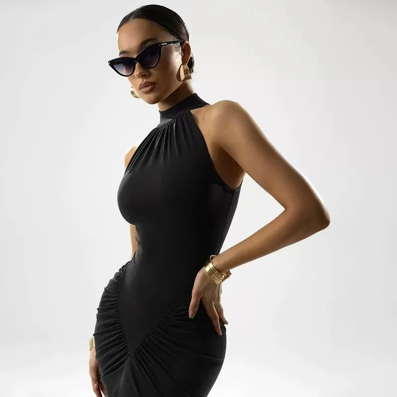 Ärmelloses Maxikleid für Damen mit Neckholder, figurbetontes, gerüschtes, geteiltes Kleid, sexy, elegante, figurbetonte Kurven, Abendparty-Outfits