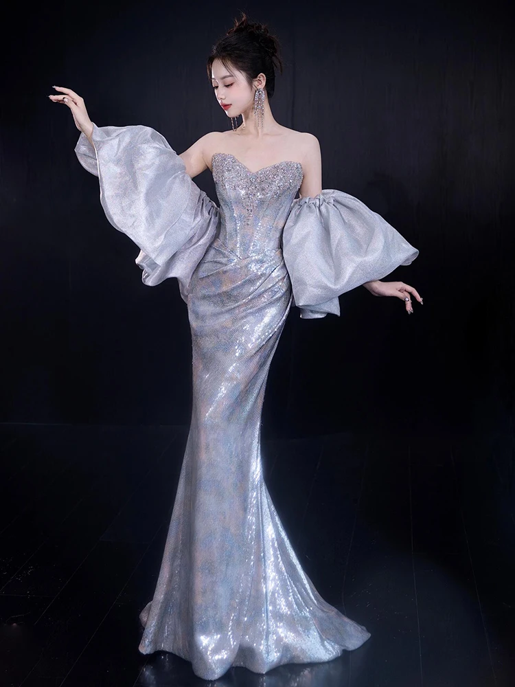 

Ele Silver High-End Bridal Gown with awl And Fi Tail for Wedding Par And Banquet Korean Sle Sequin mid Waist Long...