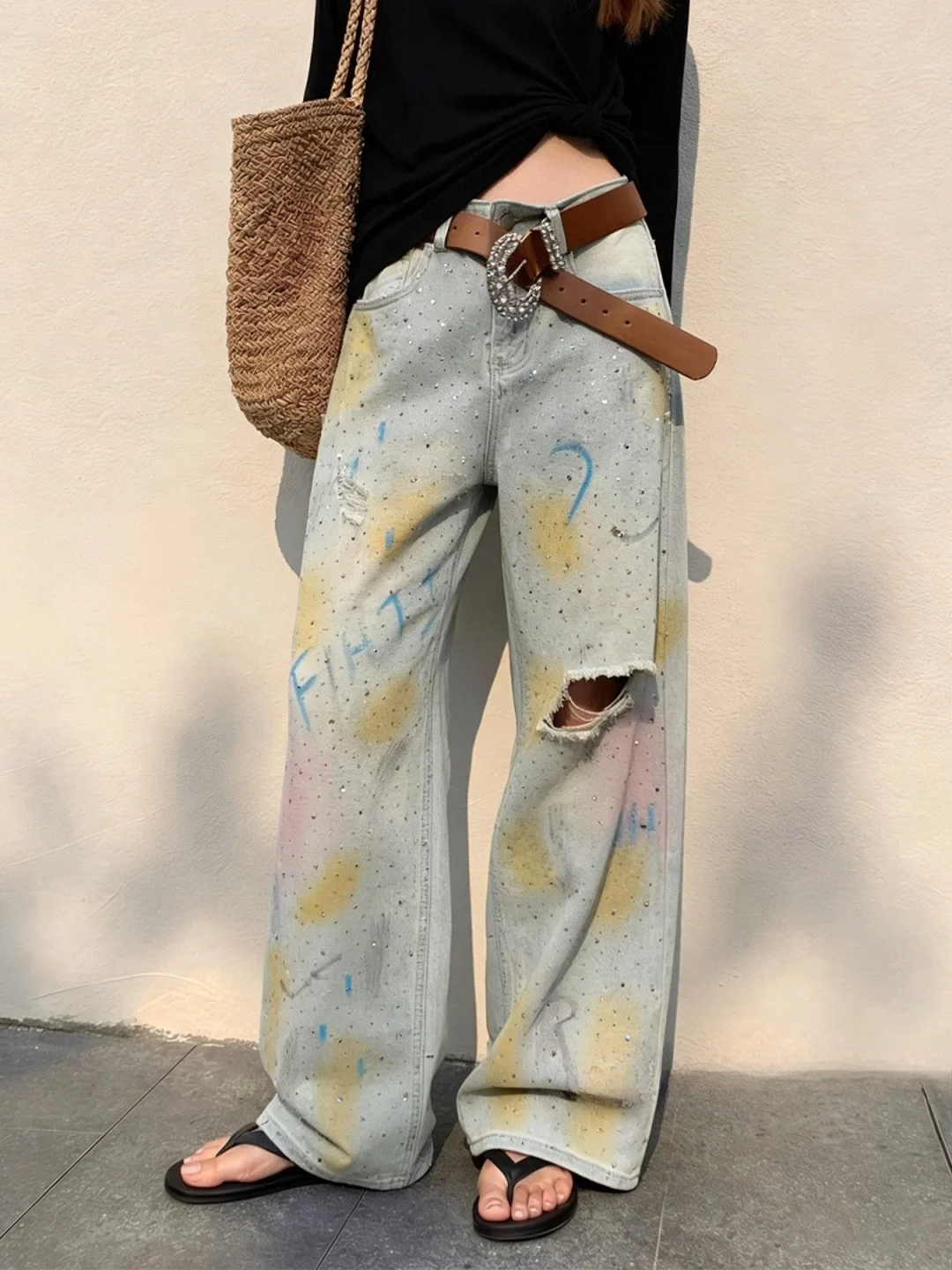 

Retro Casual Hole Design High Waist Wide Leg Straight Jeans Diamond Heat Treatment Denim Pants Summer New Arrival Women's Fas...