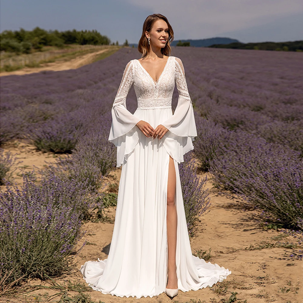 Boêmio boho vestido de casamento personalizado manga alargamento com decote em v renda praia vestido de noiva sem costas uma linha dividir chiffon vestidos de noiva