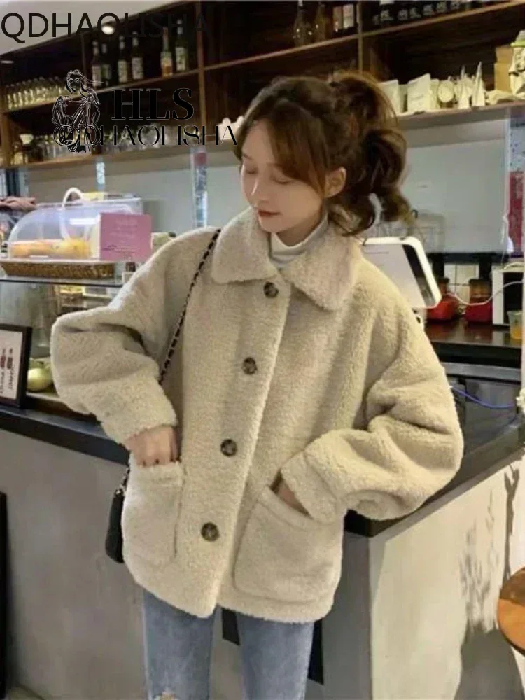 Autumn Winter Coat Retro Korean Imitation Lamb Wool Women\'s Thick Warm Cardigan Loose Furry Plush Jackets for Women Harajuku Top