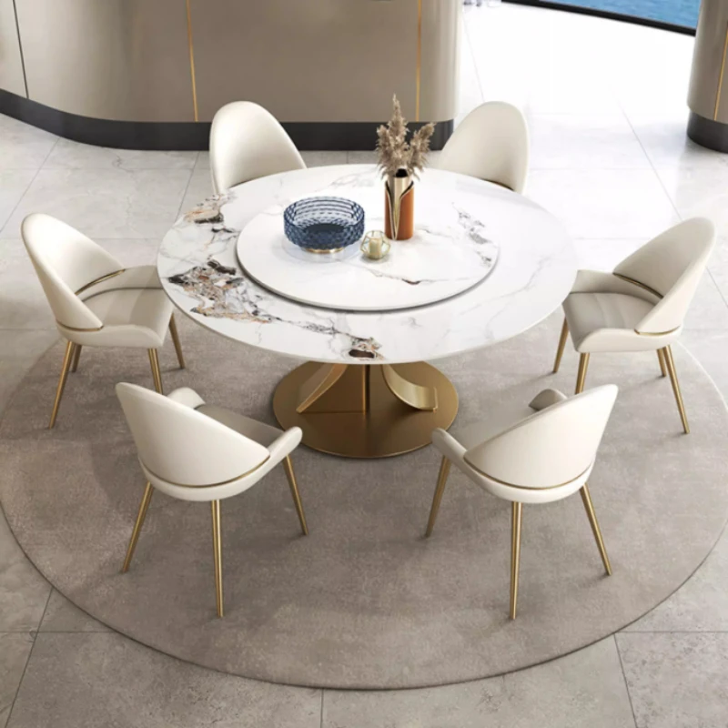 Mesa de Comedor Redonda de Lujo con Base de Acero Inoxidable Dorado, Juego de Mesa de Comedor con Losa de Mármol, 4/6 Sillas, Muebles de Diseño
