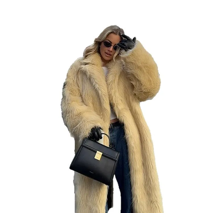 Comfortable Winter Women Mink Fur Outwear Yellow Lapel Collar Plush Female Eco Fur Coat Long Desinged Faux Fur Jacket For Lady