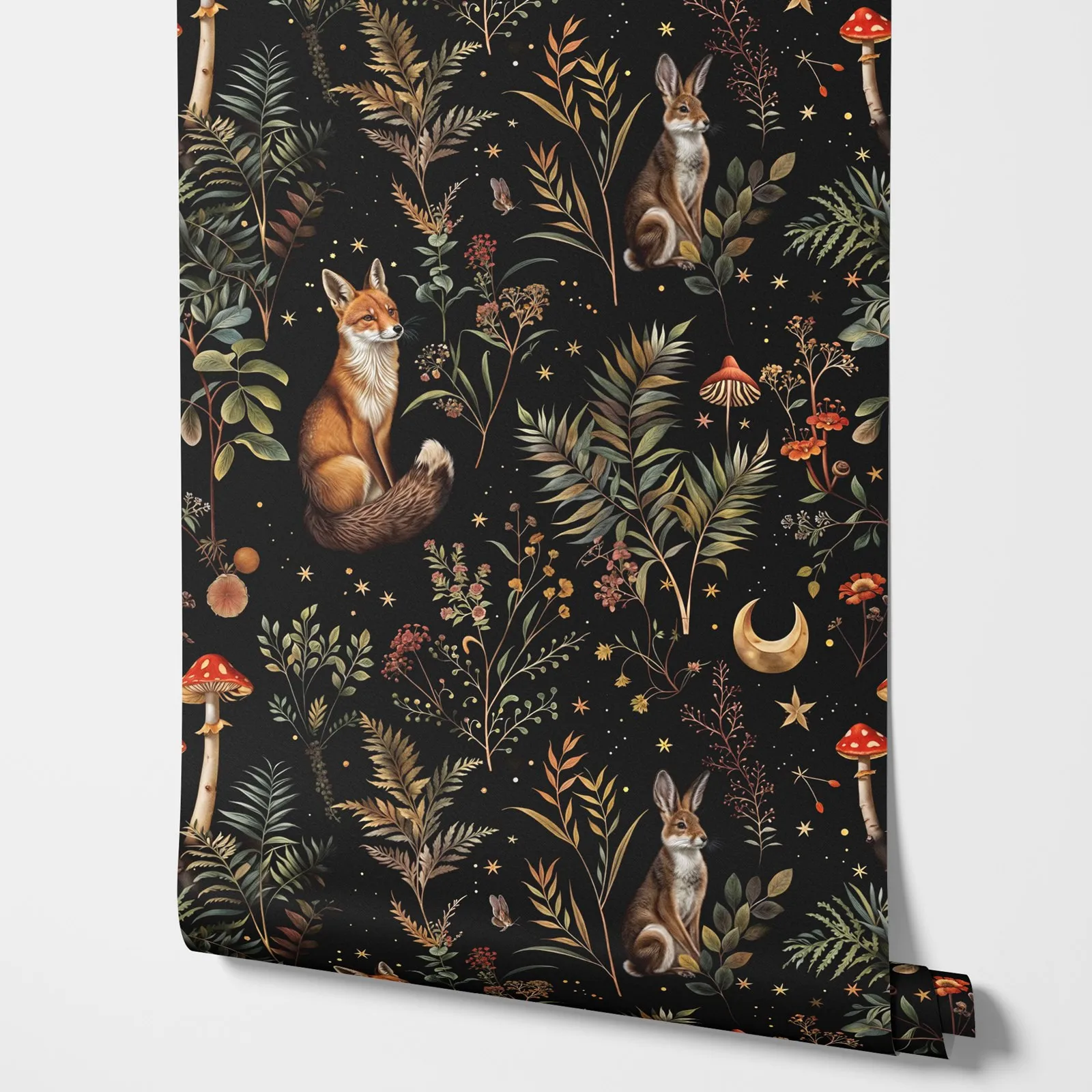 Dark Mushroom Wallpaper Peel and Stick, Whimsical Botanical Wall Mural Secret Garden at Night,Self-adhesive Or Tradition Papers