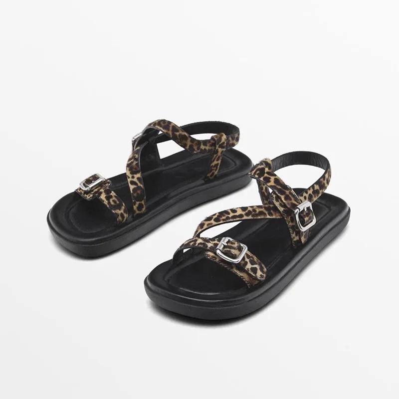 

Withered Nordic Minimalist Women's Shoes New Genuine Leather Leopard Print Buckle Sandals Comfortable Commuting Sandals Woman