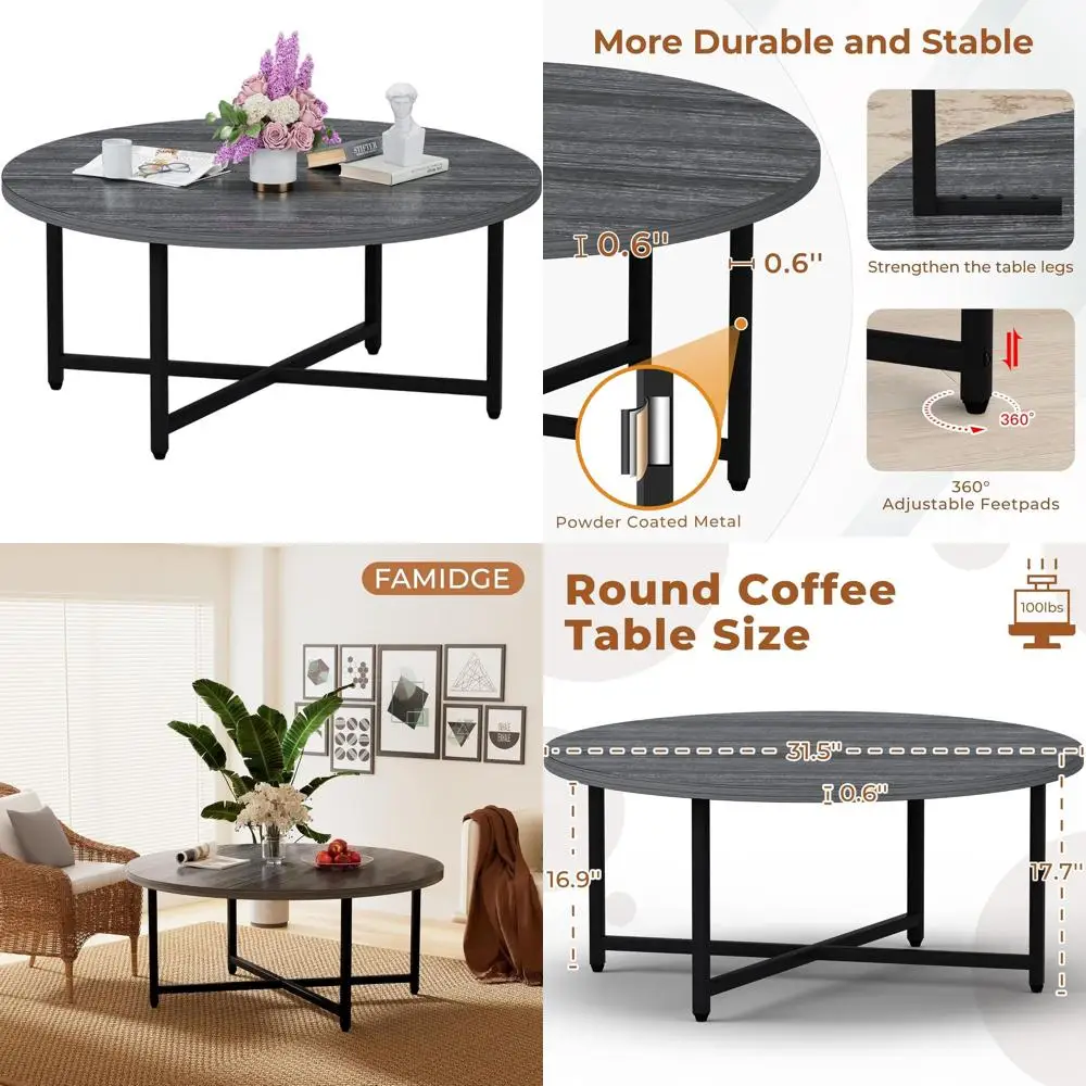

Large Round Gray Coffee Table, 31.5 Diameter x 17.7 High, Suitable for Living Room, Office, Indoor and Outdoor Spaces
