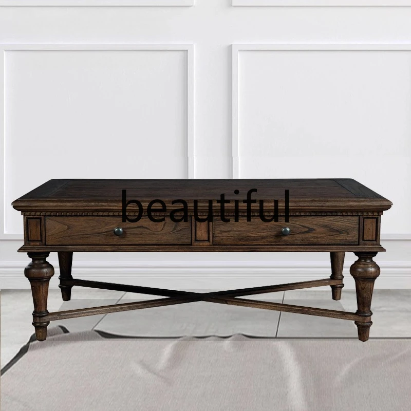 American rural solid wood rectangular coffee table European retro living room tea table pure log furniture customization