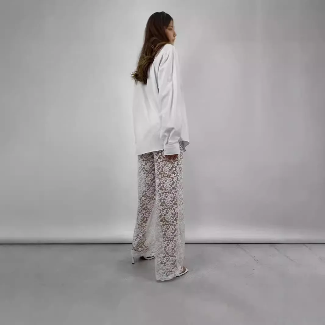 Sexy Versatile Long Straight Leg Pants Women's High Waist Lace See through Patchwork Trousers New Summer Hot Cross Border