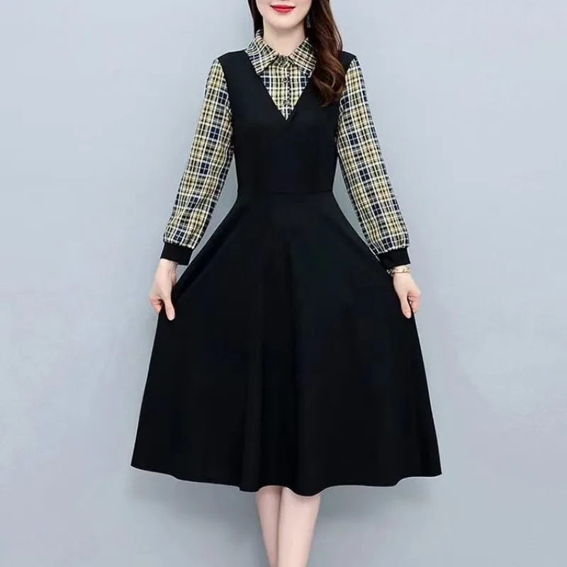 فستان نسائي بأكمام طويلة فضفاض مناسب مناسب ، ياقة بولو ، أزرار مرقعة ، منقوشة ، مزيفة من قطعتين ، متعددة الاستخدامات ، خريف ، شتاء ، موضة