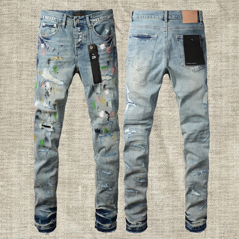 

American Vintage Purple Fashion Splash Ink Graffiti Trend Youth Jeans Street Casual Slim-fit Small Feet Stretch Denim Pants