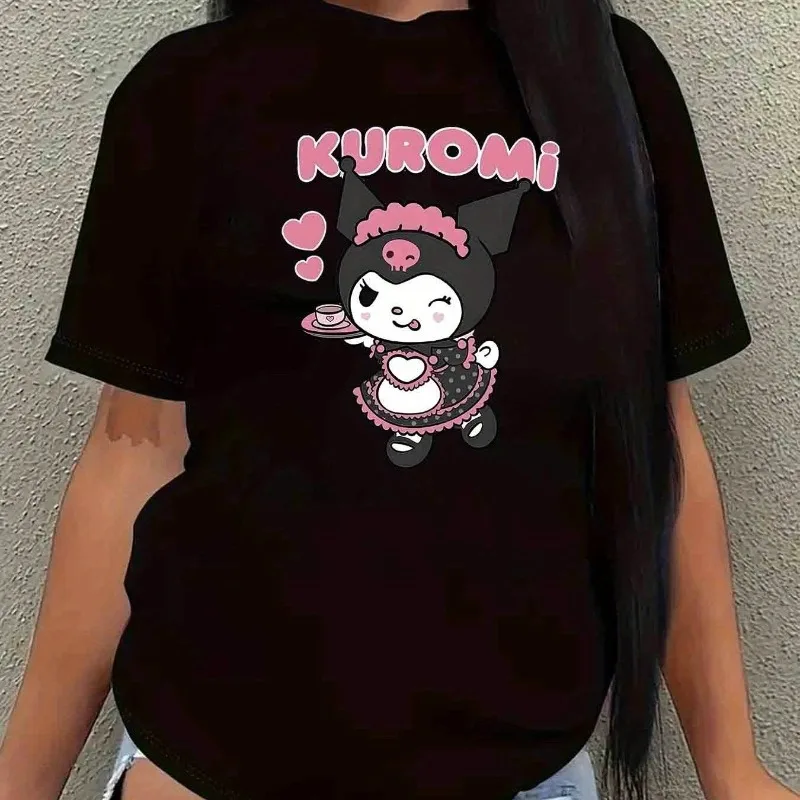 

Футболка Sanrio for Kuromi с рисунком для подростков — летняя футболка с милым мультяшным принтом и сердечками и бантами,