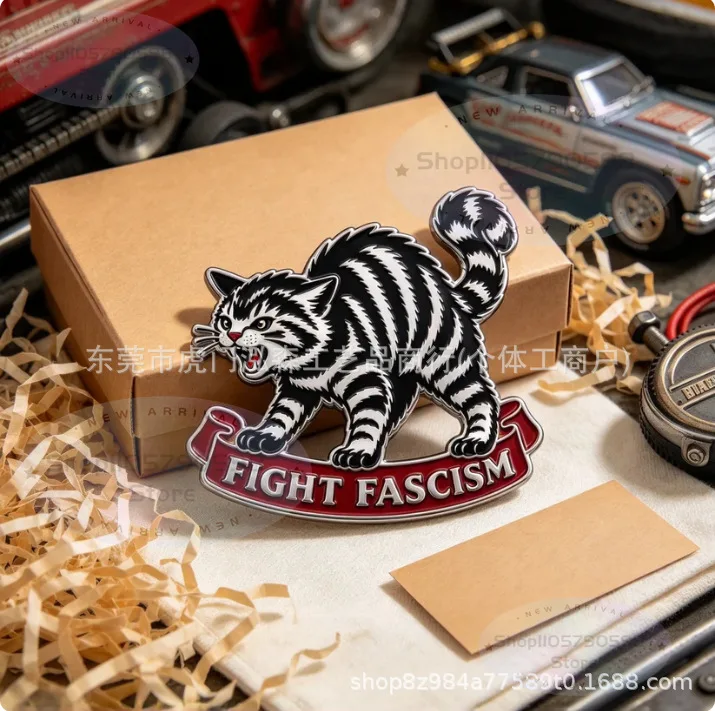Fight Fascism Cat Pin, Bold Statement Anti Fascist Enamel Brooch,Vintage Enamel Lapel Pin, Striped Cat with Red Banner