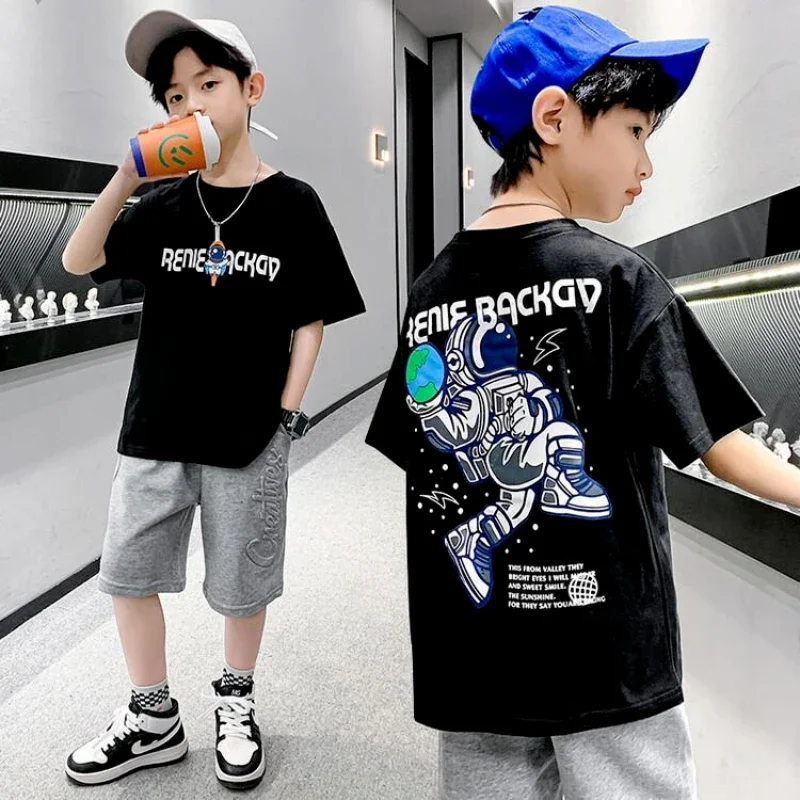 100% Cotton Boys T-shirt Summer Cartoon Graffiti Astro Print Girls Tees Short Sleeve Children Top High Quality Kids Clothes New