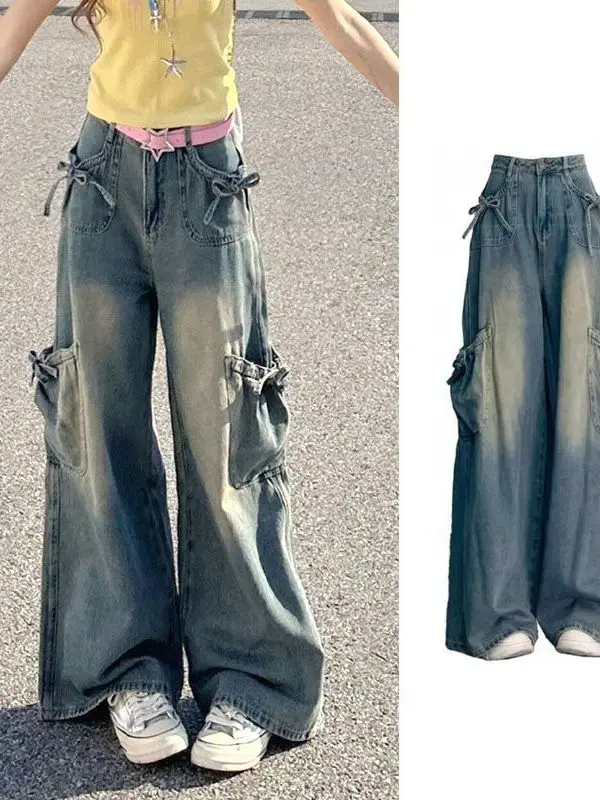 

Американские ретро-джинсы с синим бантом, женские летние новые свободные облегающие длинные брюки, широкие штанины, высокая талия