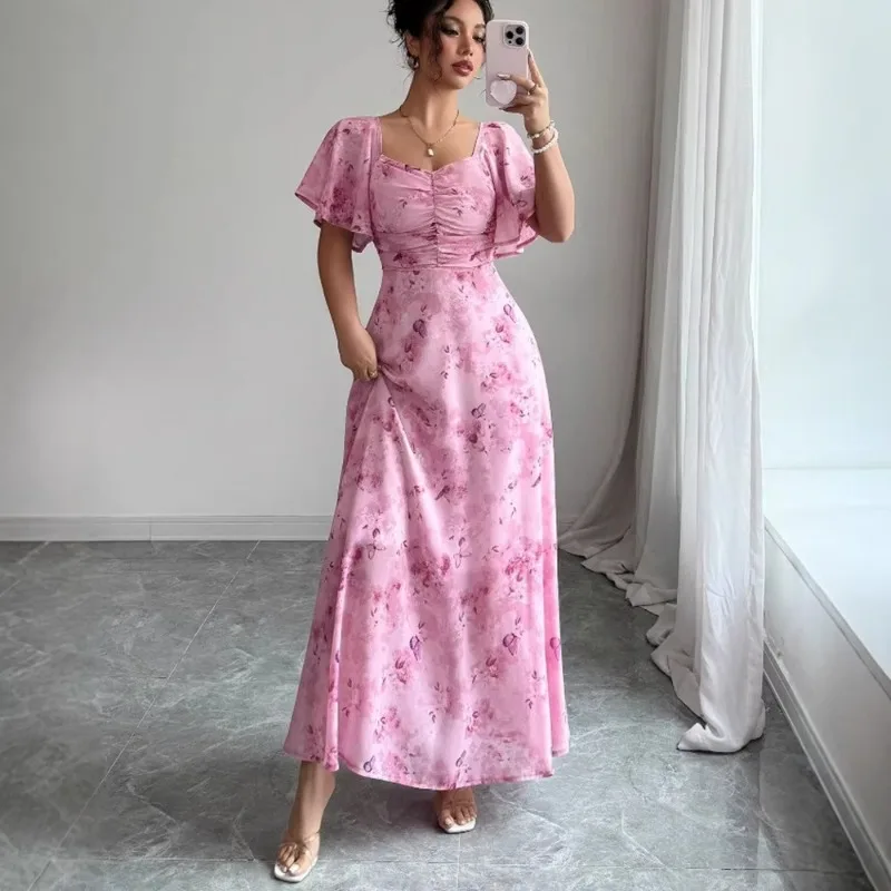 

Cross Border Foreign Trade European and American Women's Clothing Summer Fashion Square Neck Short Sleeved Printed Chiffon Dress