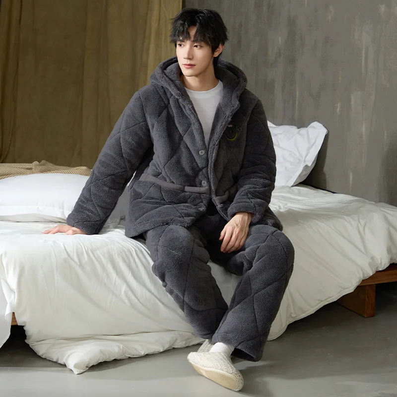 Men Winter Thicken Warm Hooded Pajamas Set Coral Fleece Sleepwear Three-layers Flannel Home Suits Hoodie Snowwear Plus Size