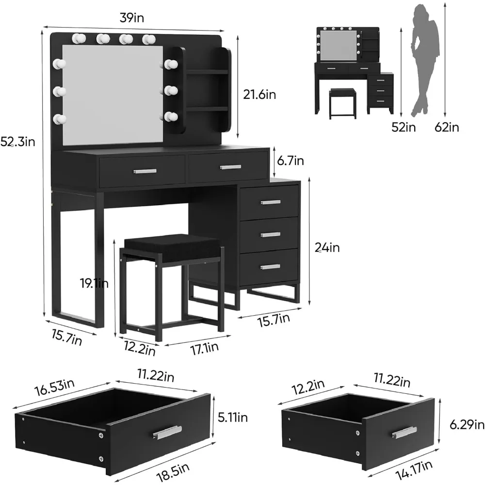 illuminated makeup vanity desk with 5 drawers and 3 lighting modes