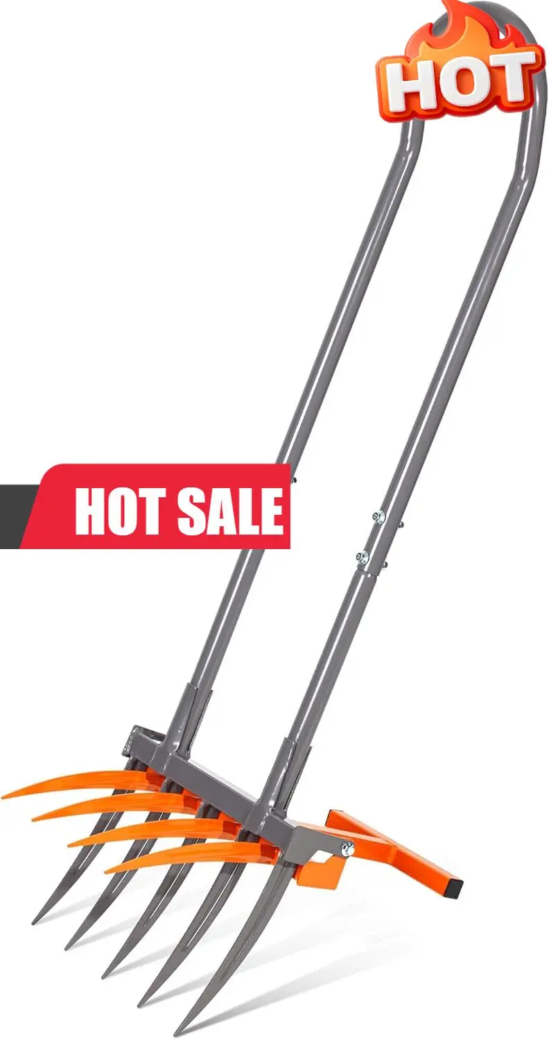 

Walensee Broad Fork Garden Tool, 9 Tines Heavy Duty Broadfork Hand Tiller, 2-in-1 Garden Pitchfork with Ergonomic U-Shaped Handl