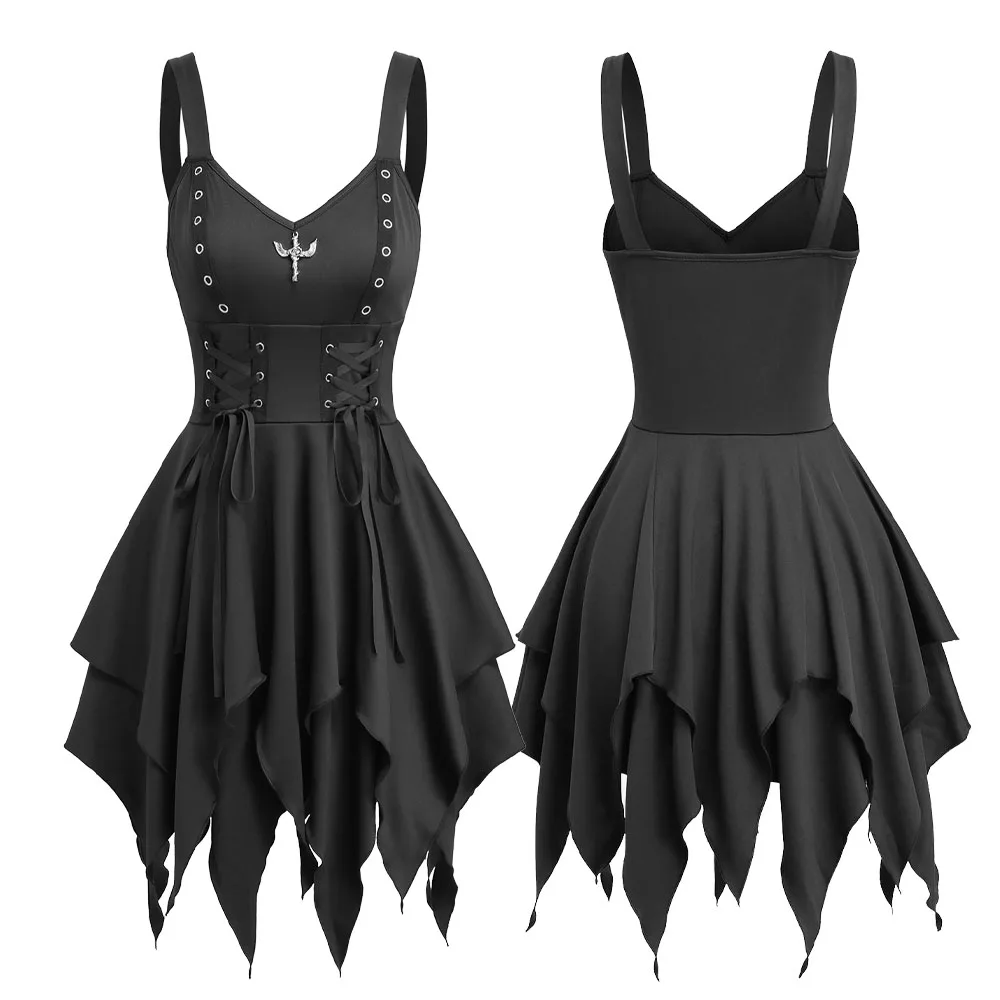 

Gothic Handkerchief Dress Women's Dark Romantic Party Mini Dress 2026 New Black Lace up Grommets Style Vestidos