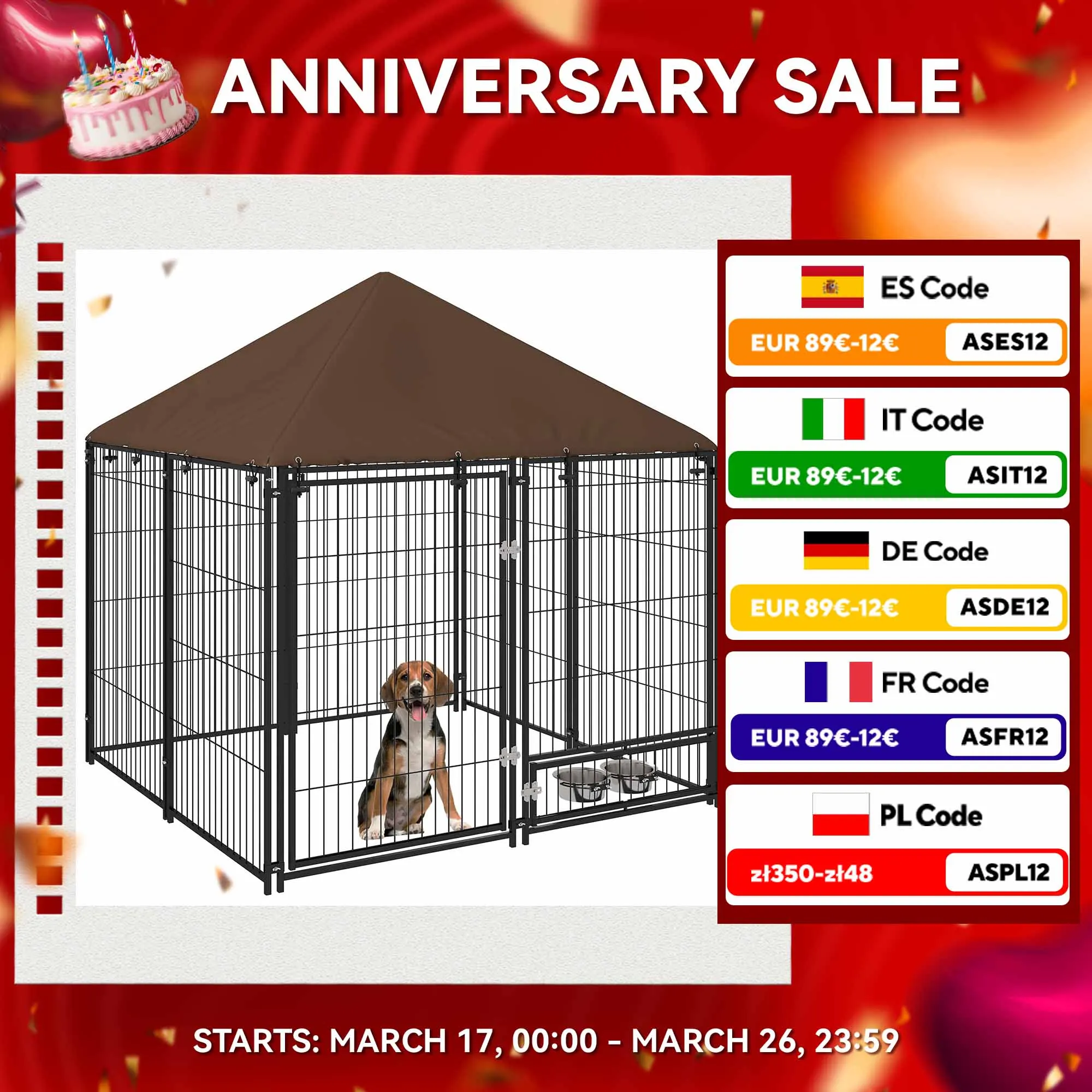 Cuccia PawHut con tenda da sole e 2 ciotole da esterno 141x141x151 cm nero