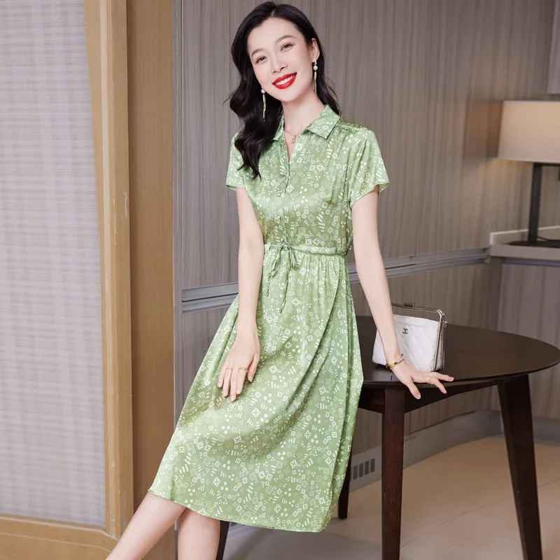 9528 Dress Women's 2024 Summer New Collar Lace-up Slimming Mid-Length Silk Shirt Skirt