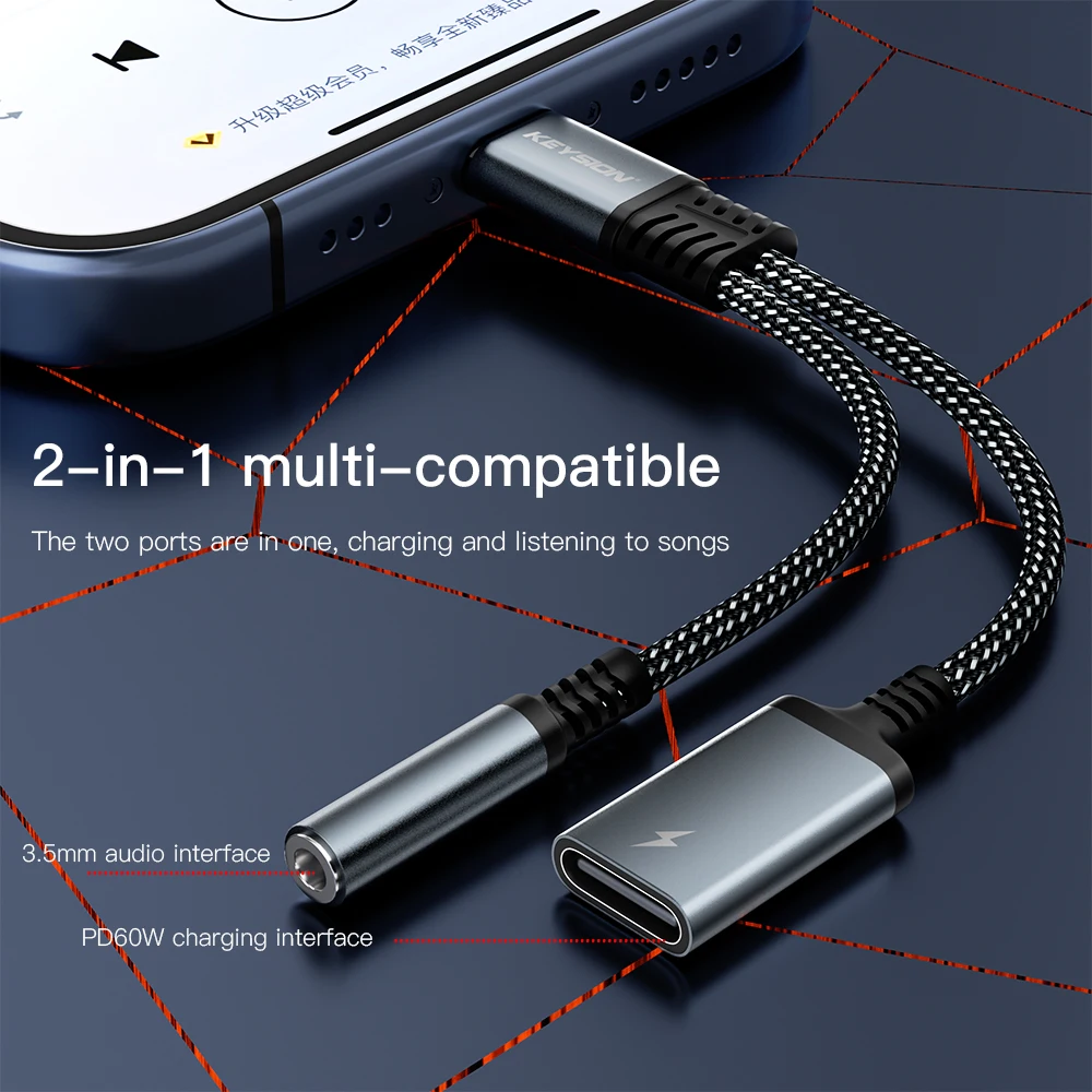 KEYSION 2 in 1 Type C to 3.5mm Earphone DAC Audio Type C Headphone Jack Adapter PD60W Fast Charging Splitter for iPhone 15 Pro