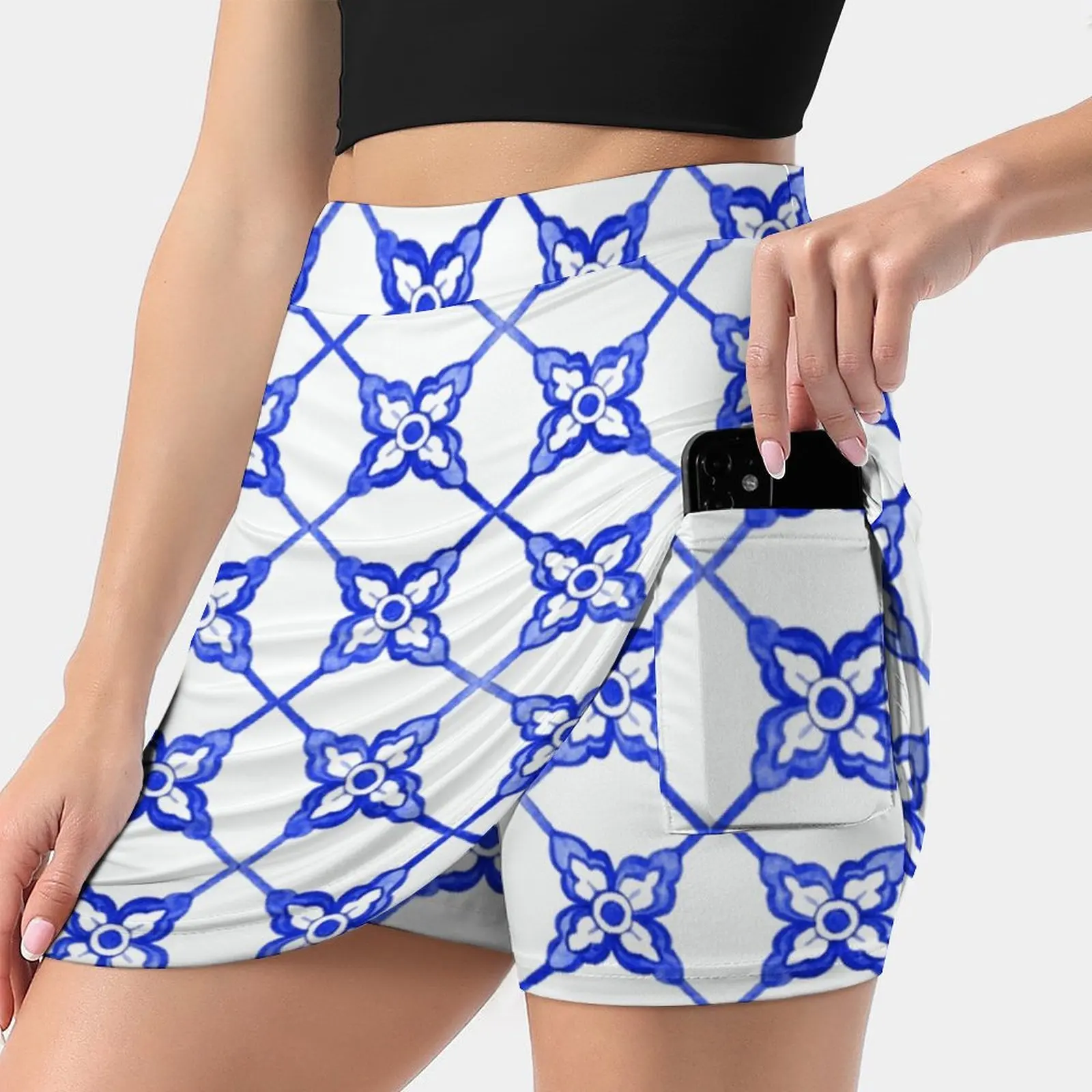 Portuguese Azulejo Tiles. Gorgeous Patterns. Women Tennis Skirts Golf Badminton Pantskirt Sports Phone Pocket Skort Tile Blue