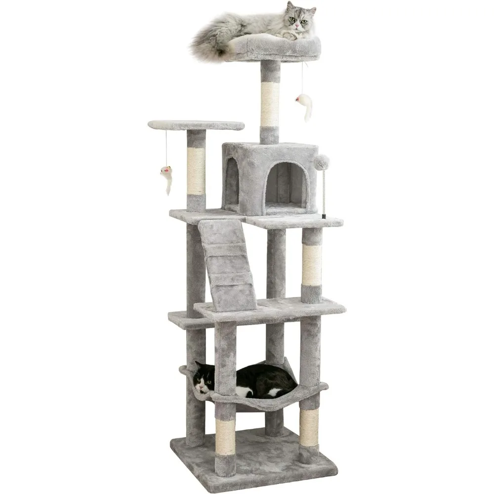 63.8inches Multi-Level Cat Tree for Large Cats with Sisal-Covered Scratching Posts, Padded Platform,Hammock and Condo,Light Gray