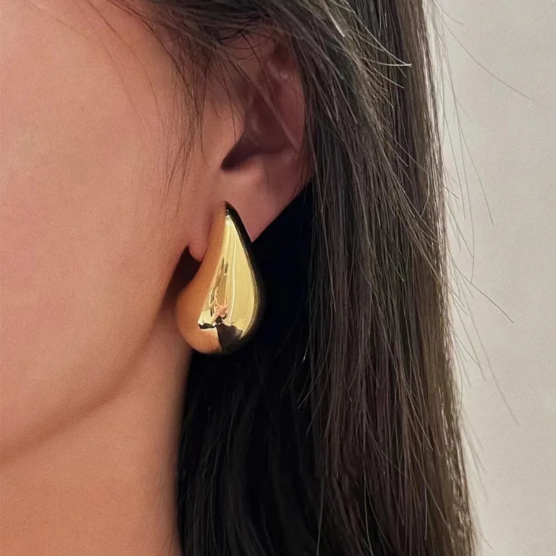 Vintage Gold Plated Chunky Dome Drop Earrings for Women Glossy Stainless Steel Thick Teardrop Earrings Dupes Lightweight Hoops