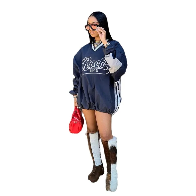 Letter Printed Extra Large Sweatshirt Women's Casual V-neck Long Sleeve Drawstring Loose Top 2025 Spring Harajuku Streetwear