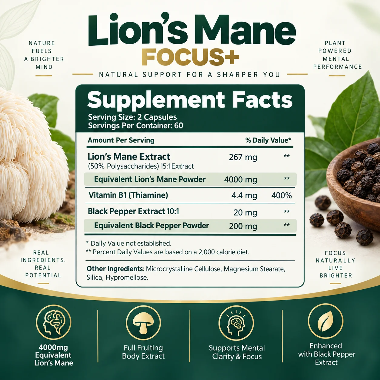 Lion's Mane Focus Plus Capsules - Supports Mental Clarity, Focus, Memory & Normal Nerve Function with Vitamin B1
