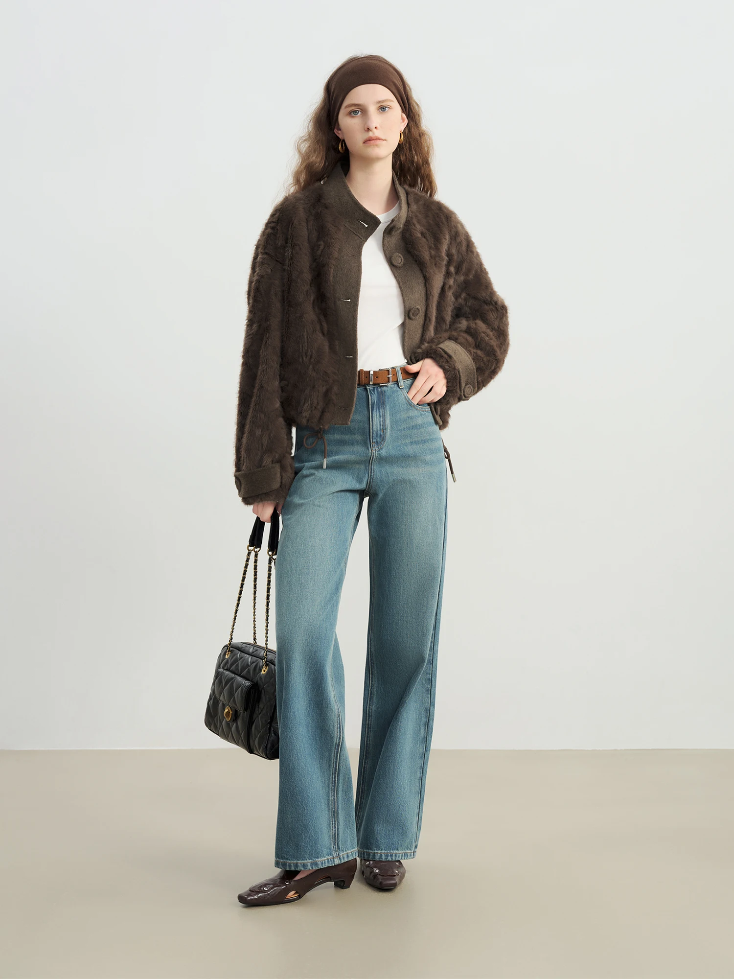 ZIQIAO Petite Women's Fuzzy Imitation Fur Stand-Up Collar Embossed Short Coat 2025 Winter New Arrival Warm Jacket Faux Fur