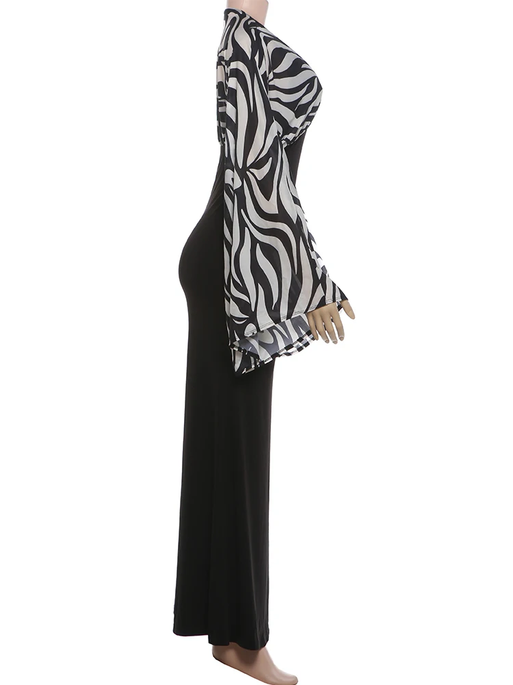 Weird Puss Kleid mit Zebra-Print und Patchwork-Design, Damenmode, sexy, tiefer V-Ausschnitt, Netzstoff, Puffärmel, gerafftes, schickes Abendkleid für Partys und Clubs, figurbetont. – Detail 4