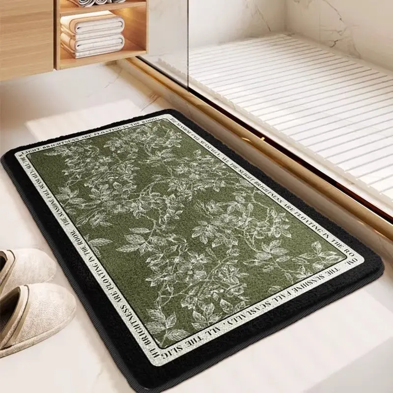 VIKAMA Vintage Floral Border Bath Mat Non-Slip Green Center Absorbent Bathroom Rug For Shower Tub Vanity Indoor Home