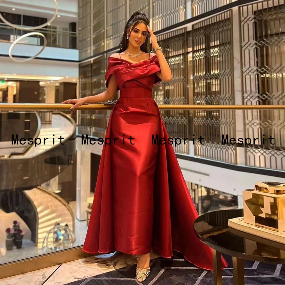 

Saudi Arab Prom Dresses with Train Off The Shoulder V Neck Pleat Ankle Length Burgundy Satin Evening Dress Vestidos De Festa