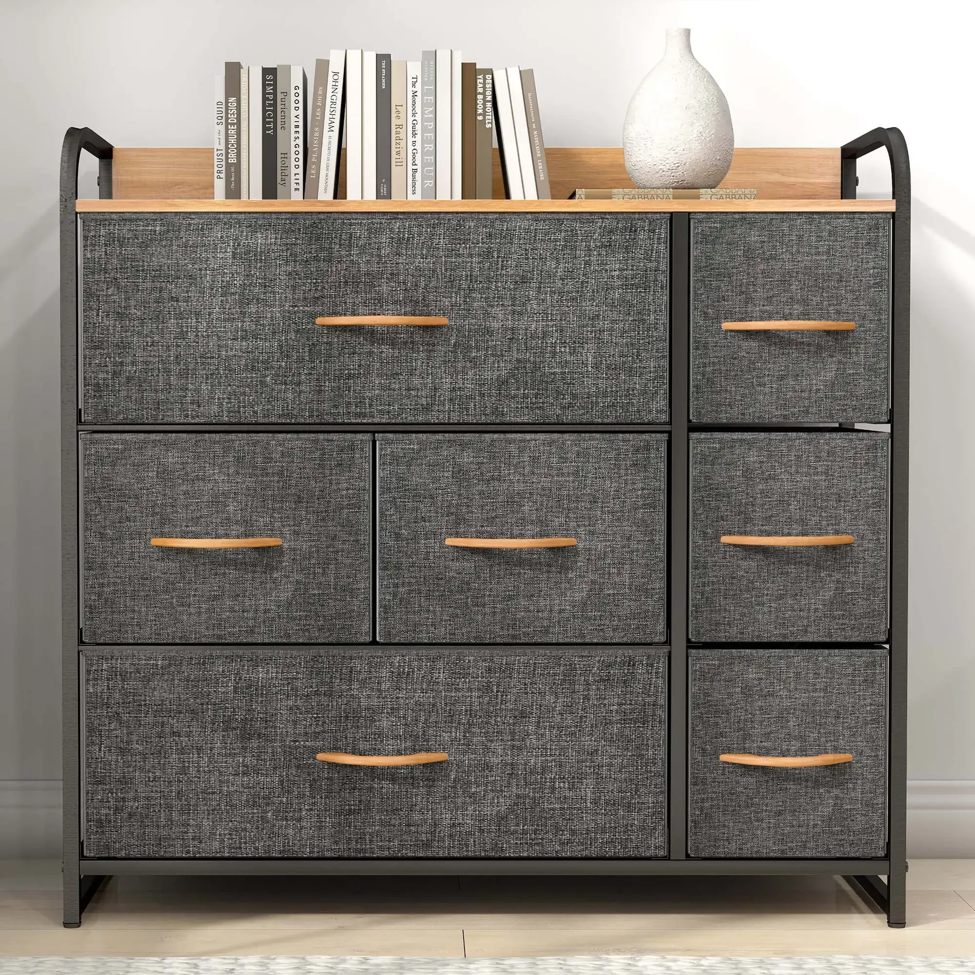 

7 Drawers Dresser Fabric Storage Tower Wooden Top Shelf Modern Organizer, Dark Gray
