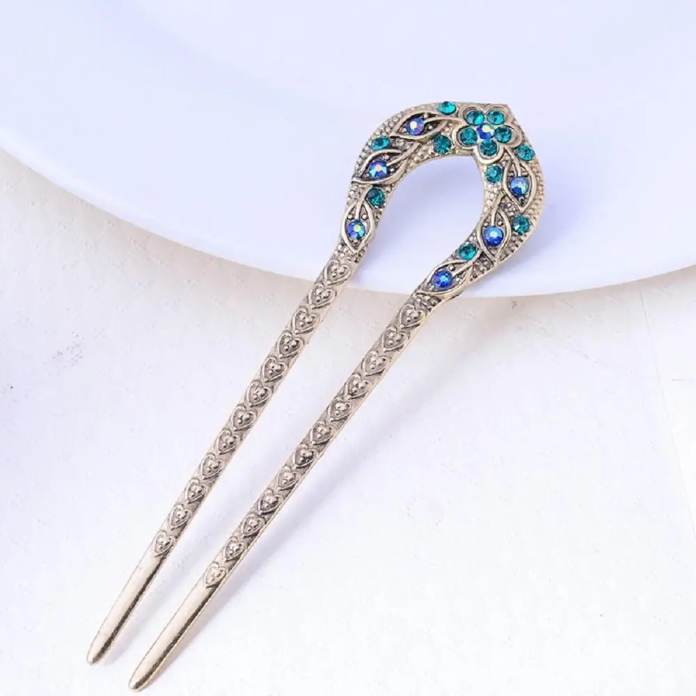 Vintage Antique Bronze Plated Women Flower Hairpins Stick Pin U-shaped Hair Accessories