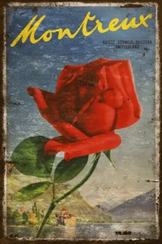 Montreux Switzerland Red Rose Travel Advert Aged Look Vintage Style Metal Sign