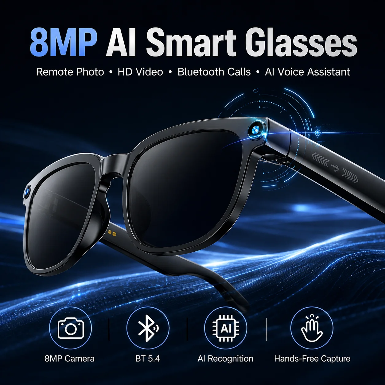 M02S AI Smart Glasses 8MP Camera Bluetooth 5.4 Real-Time Translation Voice Assistant HD Video Calls IP65 41g