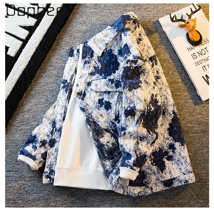 

2025 Spring and Autumn New Blue and Black Tie-Dye Casual Loose Denim Jacket Men's Trendy Cool Plaid Workwear Jacket