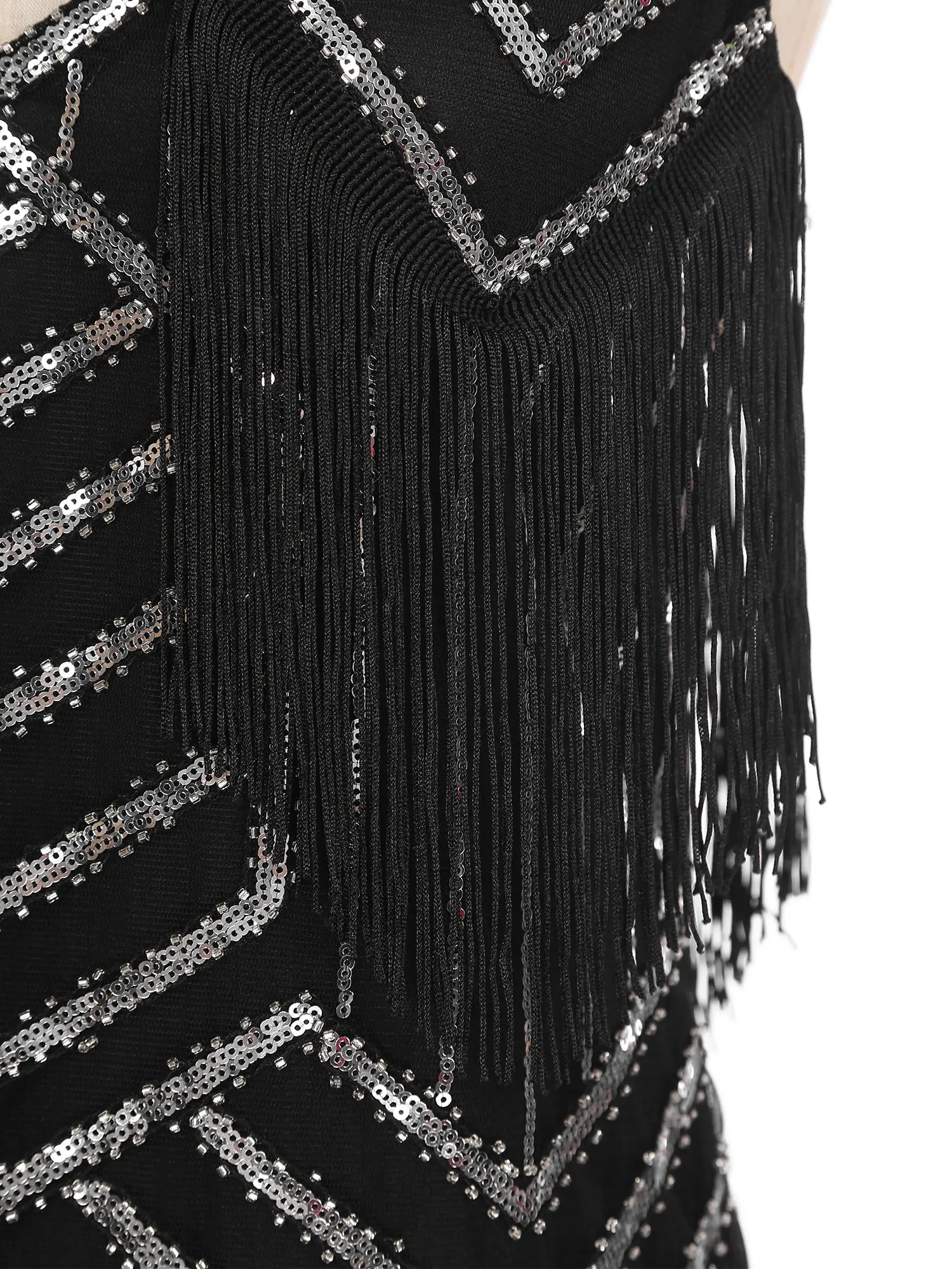 Womens 1920s Theme Party Costume Femme V Neck Fringe Flapper Dress Latin Dance Dresses Shiny Sequins Cha-Cha Tango Dancewear