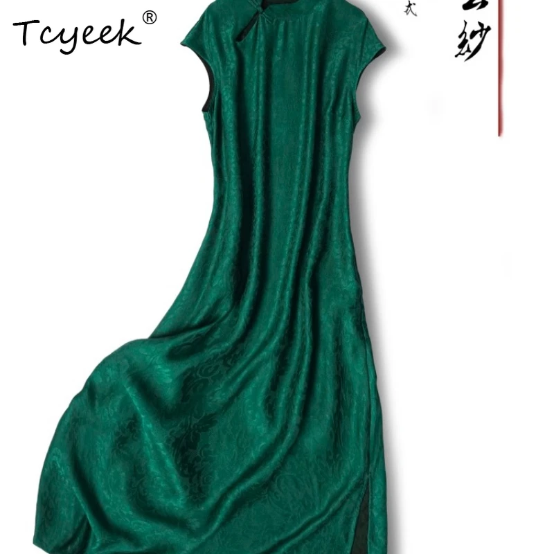 

Tcyeek 100% Mulberry Silk Summer New Chinese Style Standing Collar Split Cheongsam Emerald Medium Length Woman Dresses 원피스 여름