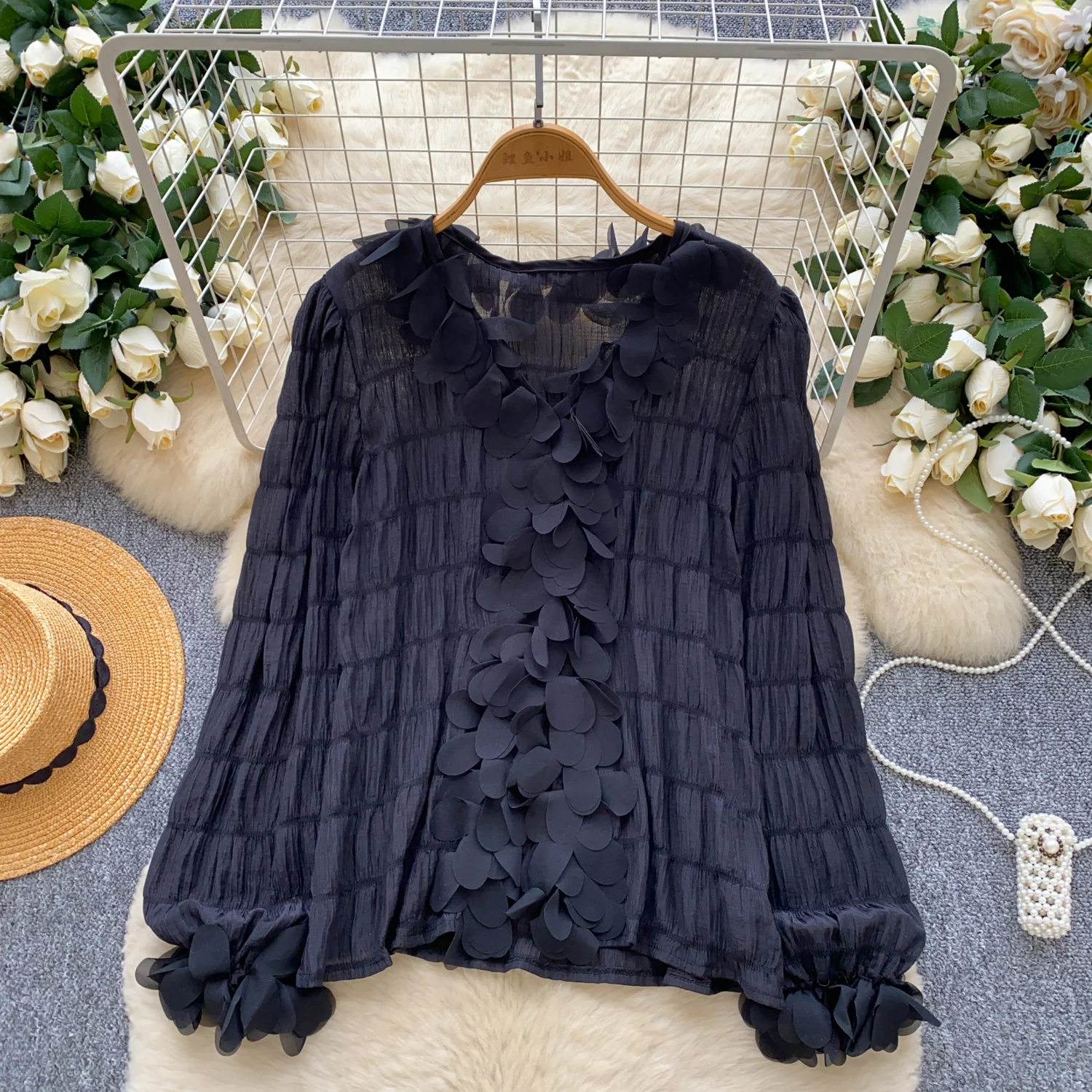 

Basics Chic sexy Vintage V-neck Three-dimensional Loose Top French Office Lady High Street Shirts