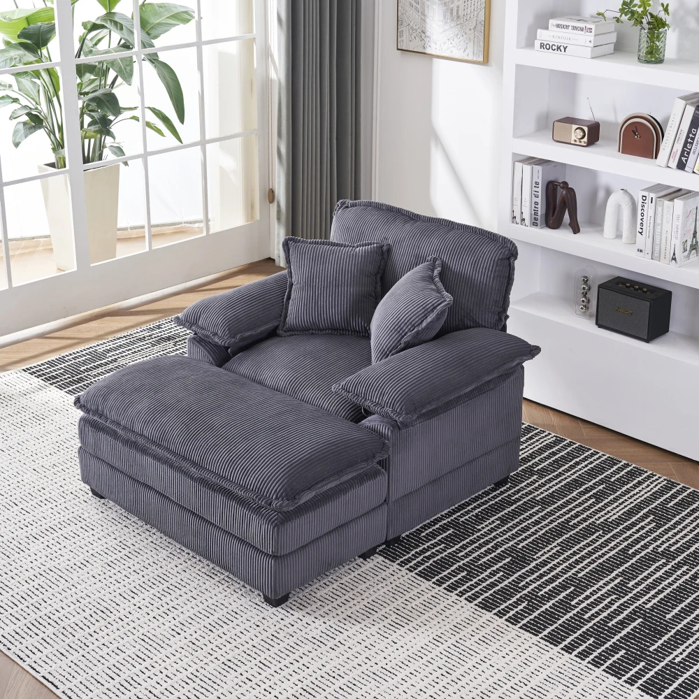 56.3 Inch Corduroy Single Sofa With 2 Toss Pillows And A Ottoman, Comfy Loveseat Sofa - Deep Seat Couch For Living Room Bedroom